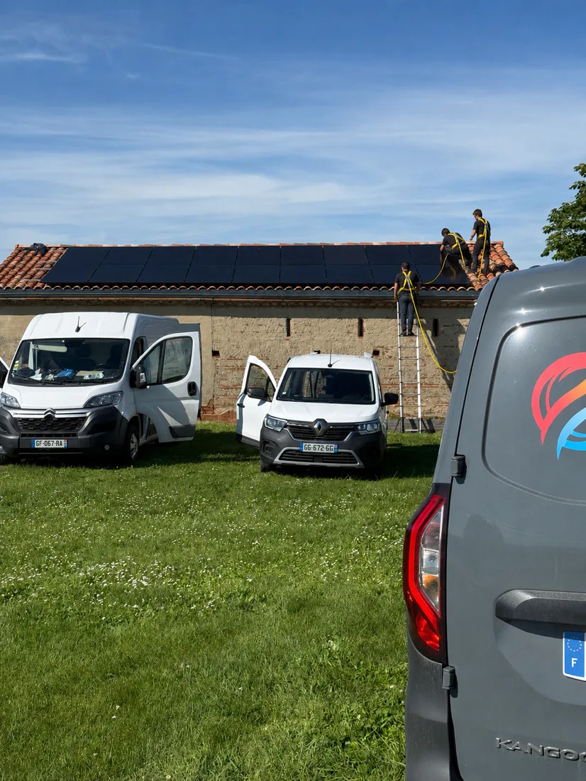 Grange équipée de panneaux photovoltaïques, véhicules Pituello sur le chantier